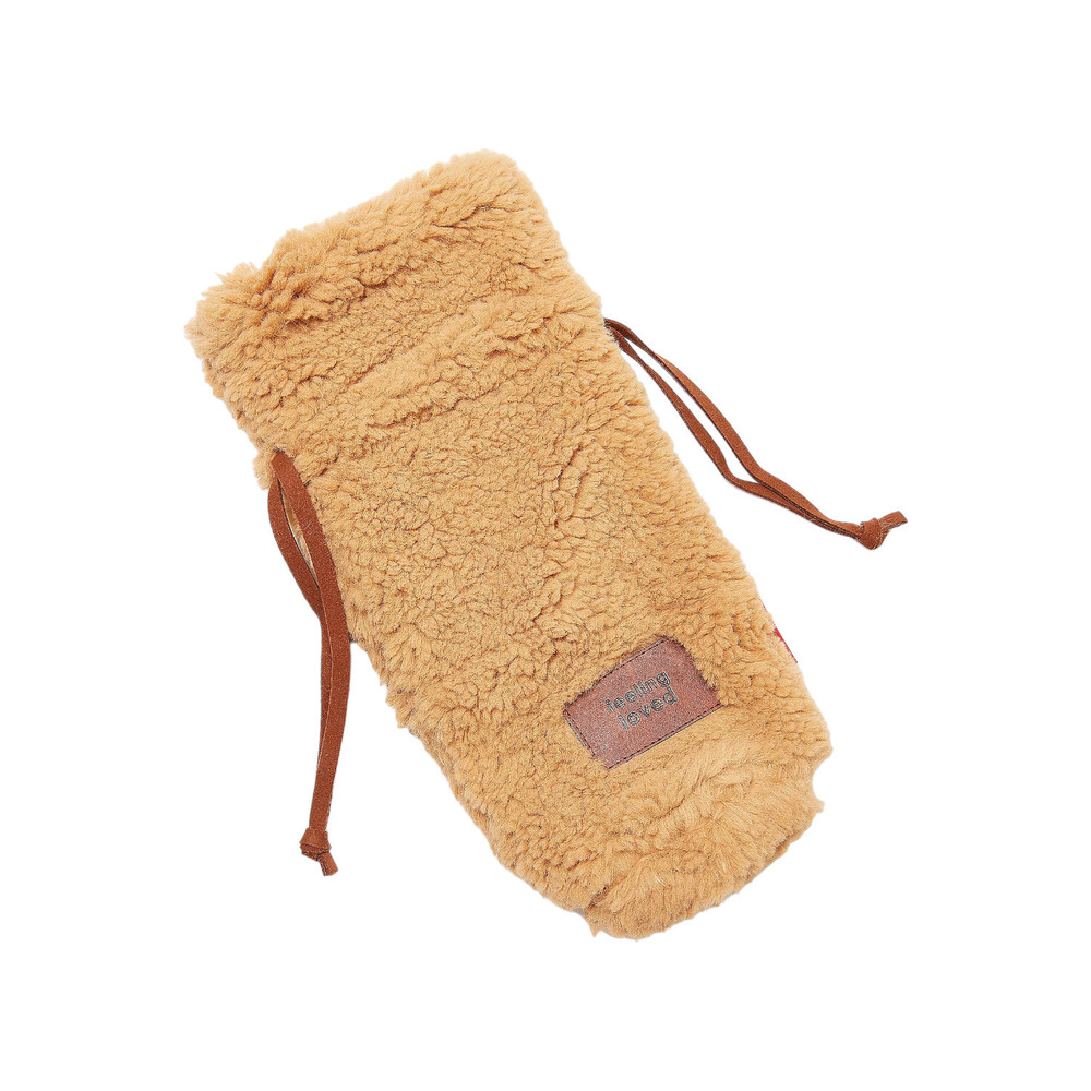 Peace Love World Faux Fur Wine Bag with Drawstring Tan